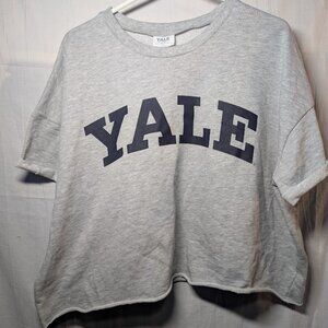 Grayson Threads Gray Crop Top with Navy Print